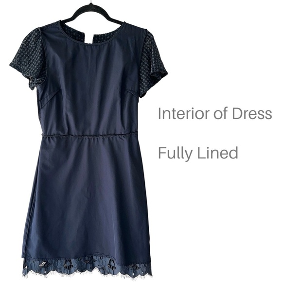 LOFT | NWOT NAVY BLUE SHEATH DRESS SCALLOPED EYELASH LACE LINED | SIZE 0 - Picture 7 of 11